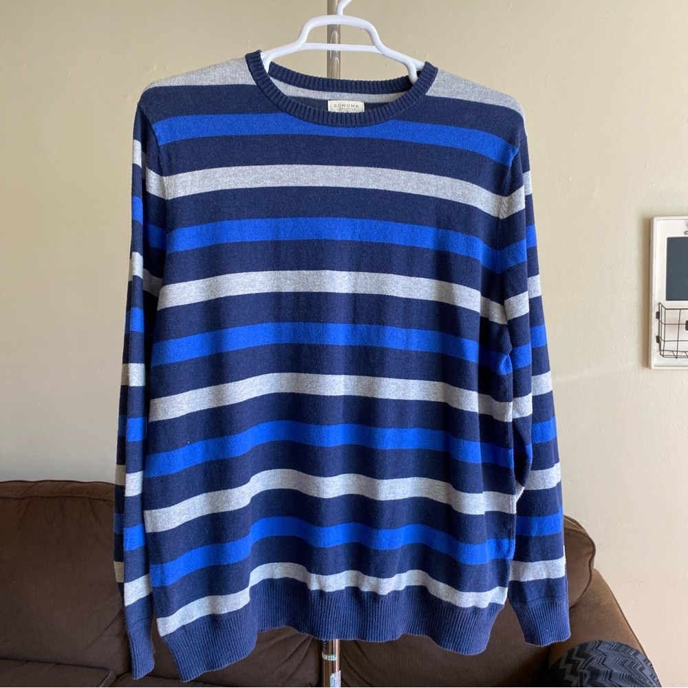 90’s Grunge Blue Gray Striped Crewneck Sweater Size XXL